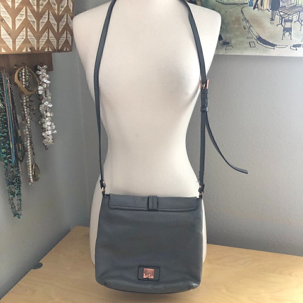 KOOBA Leather Crossbody Saddle Bag Distressed Gray & Rose Gold - Picture 3 of 12